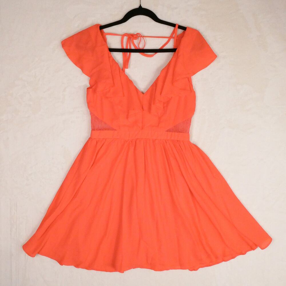 ASOS NWT Neon Coral Ruffle Dress Size 6 UK10 Lace Cutouts Peekaboo Summer Flirty